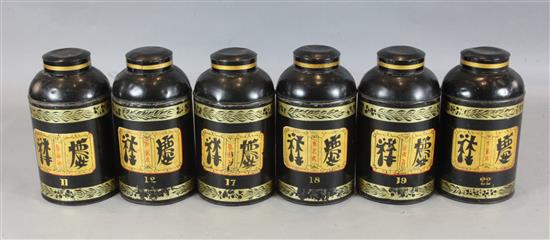 A set of six 19th century Toleware tea canisters,